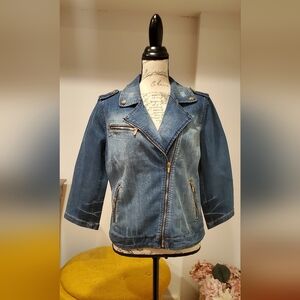 Chico's Classic Blue Denim Jacket 3/4 Sleeves, Size 1
